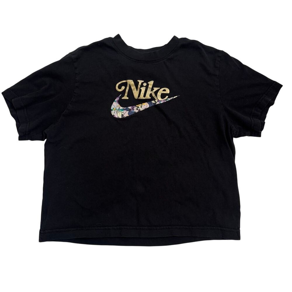 Nike Girls Black Boxy Cropped Logo T-Shirt Sz L Floral Design